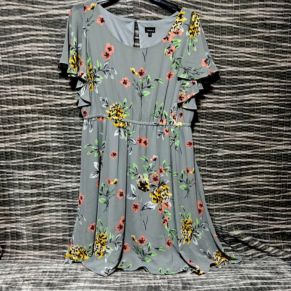 Umi Floral Flutter-Sleeve Gray Dress with Pink & Yellow Blooms